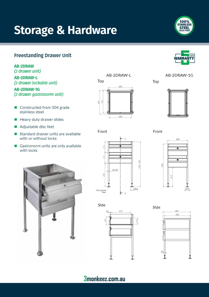 3Monkeez AB-2DRAW-L - Lockable Freestanding Stainless Steel Drawer Unit
