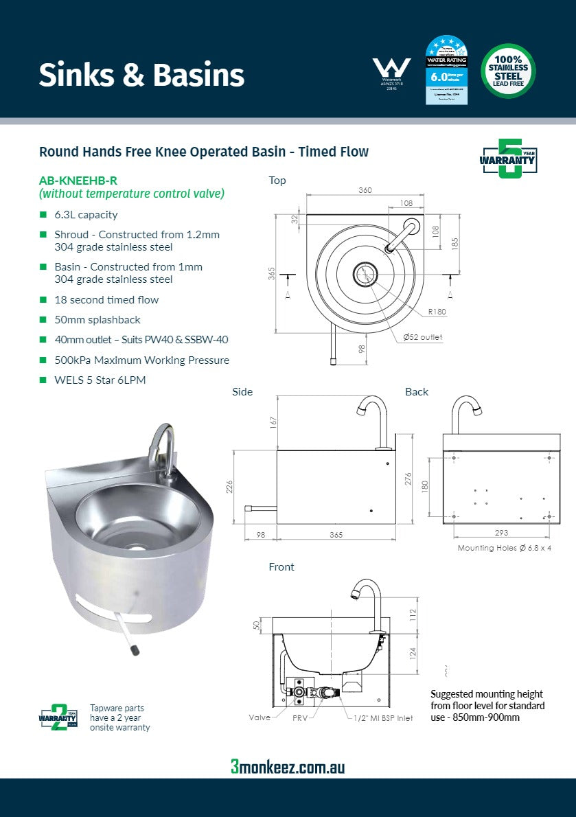3Monkeez AB-KNEEHB-R - Round Hands Free Knee Operated Stainless Steel Basin
