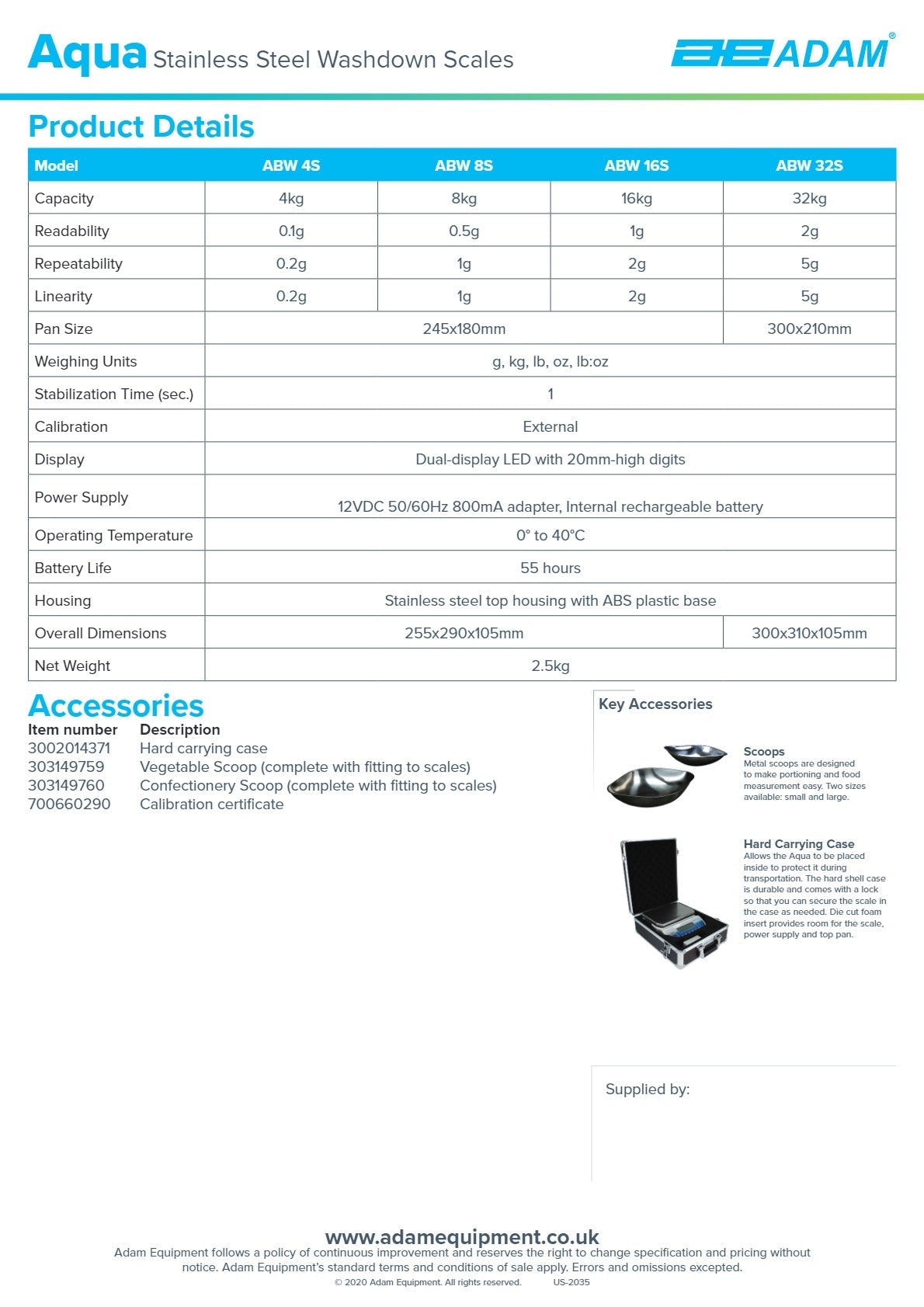Adam Equipment Aqua ABW 32S - Stainless Steel Waterproof Scales