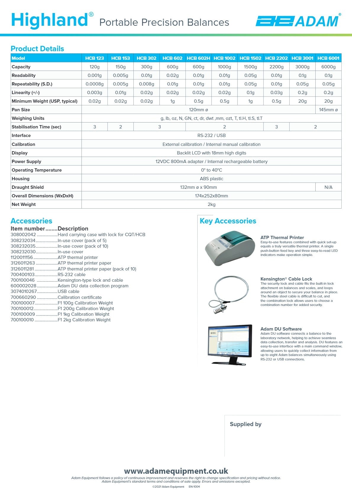 Adam Equipment Highland HCB 1002 - Portable Precision Balance