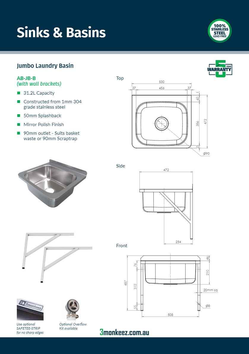 3Monkeez AB-JB-B - Jumbo Laundry Basin with Brackets