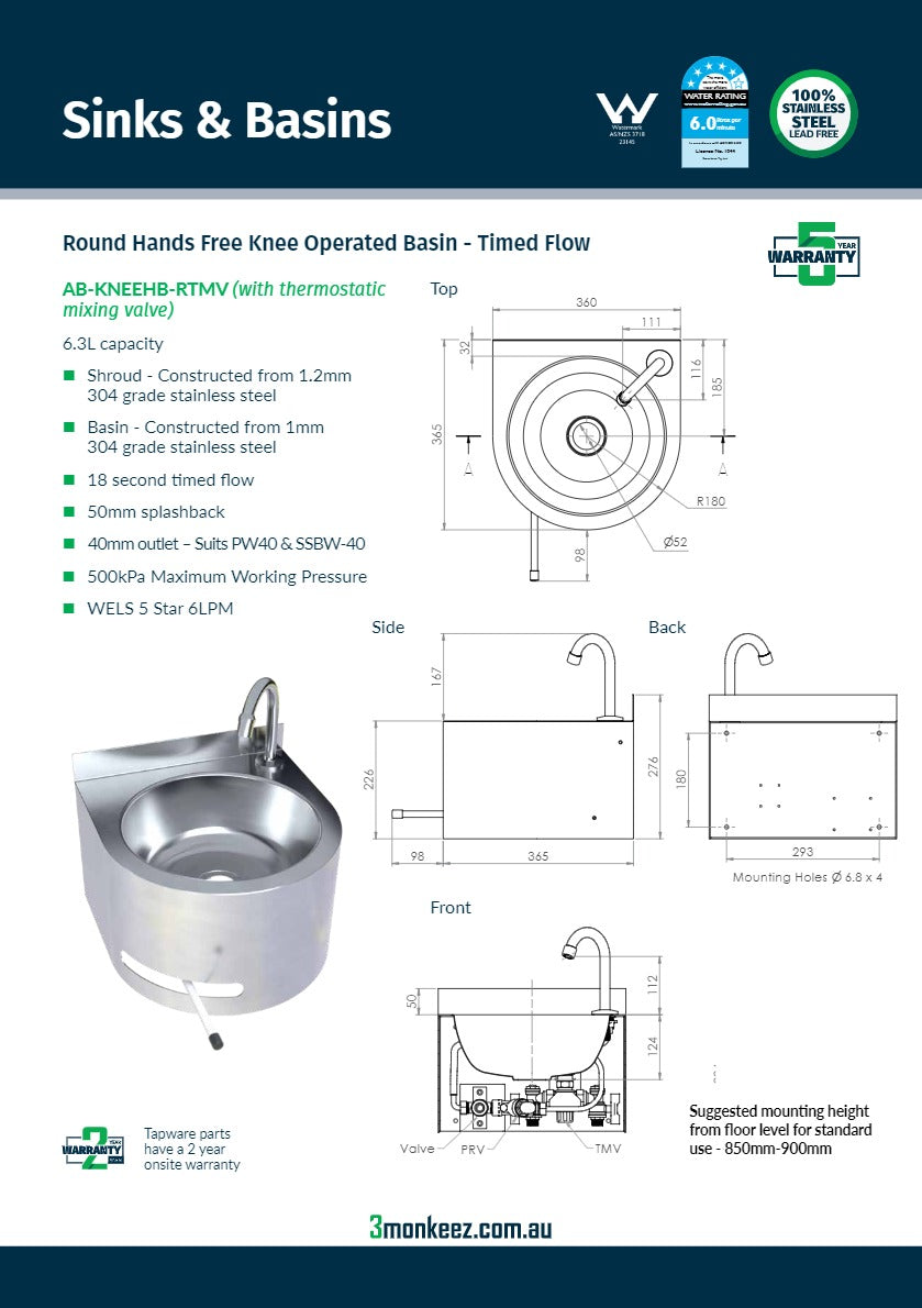3Monkeez AB-KNEEHB-RTMV - Timed Flow Hands Free Knee Operated Stainless Steel Basin
