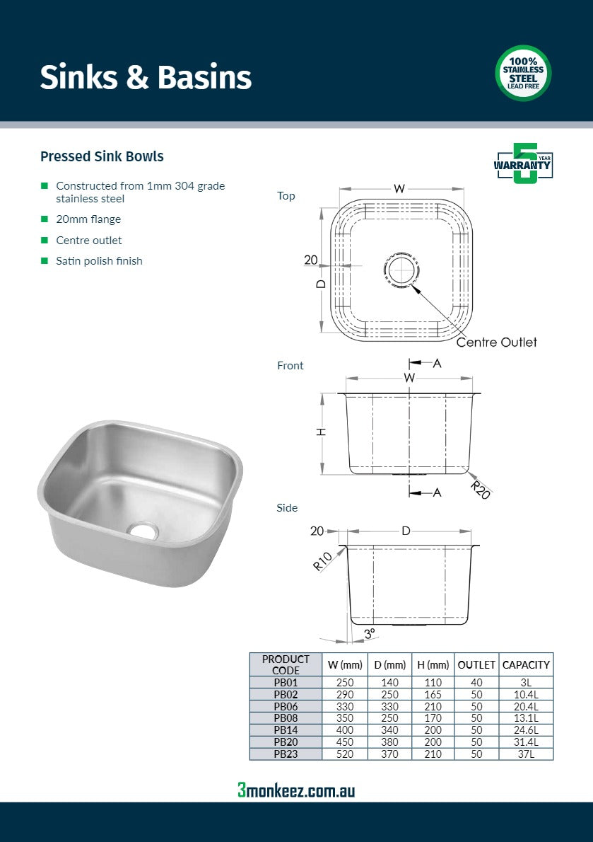 3Monkeez PB14 - Pressed Sink Bowl