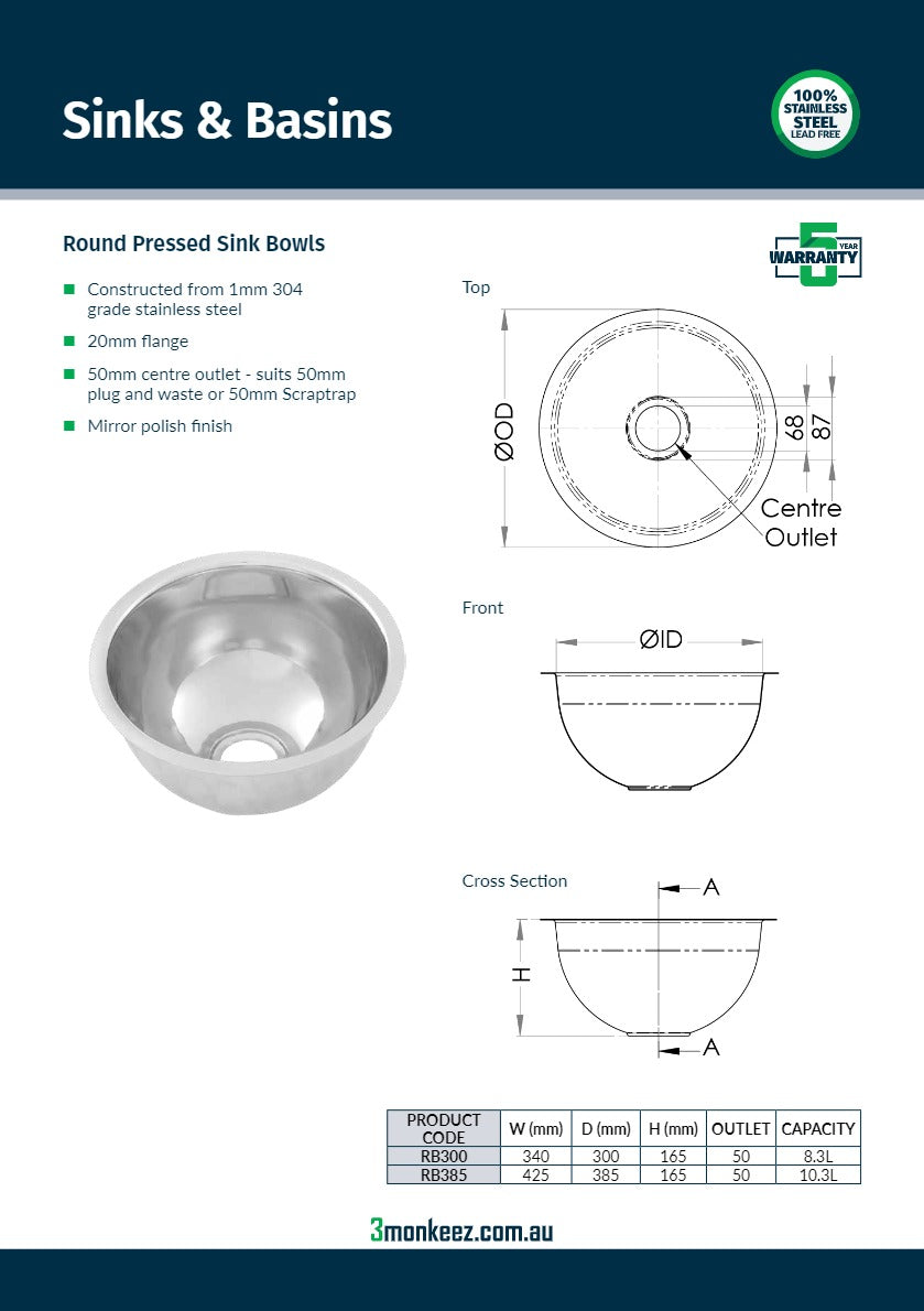 3Monkeez RB385 - Round Pressed Sink Bowl
