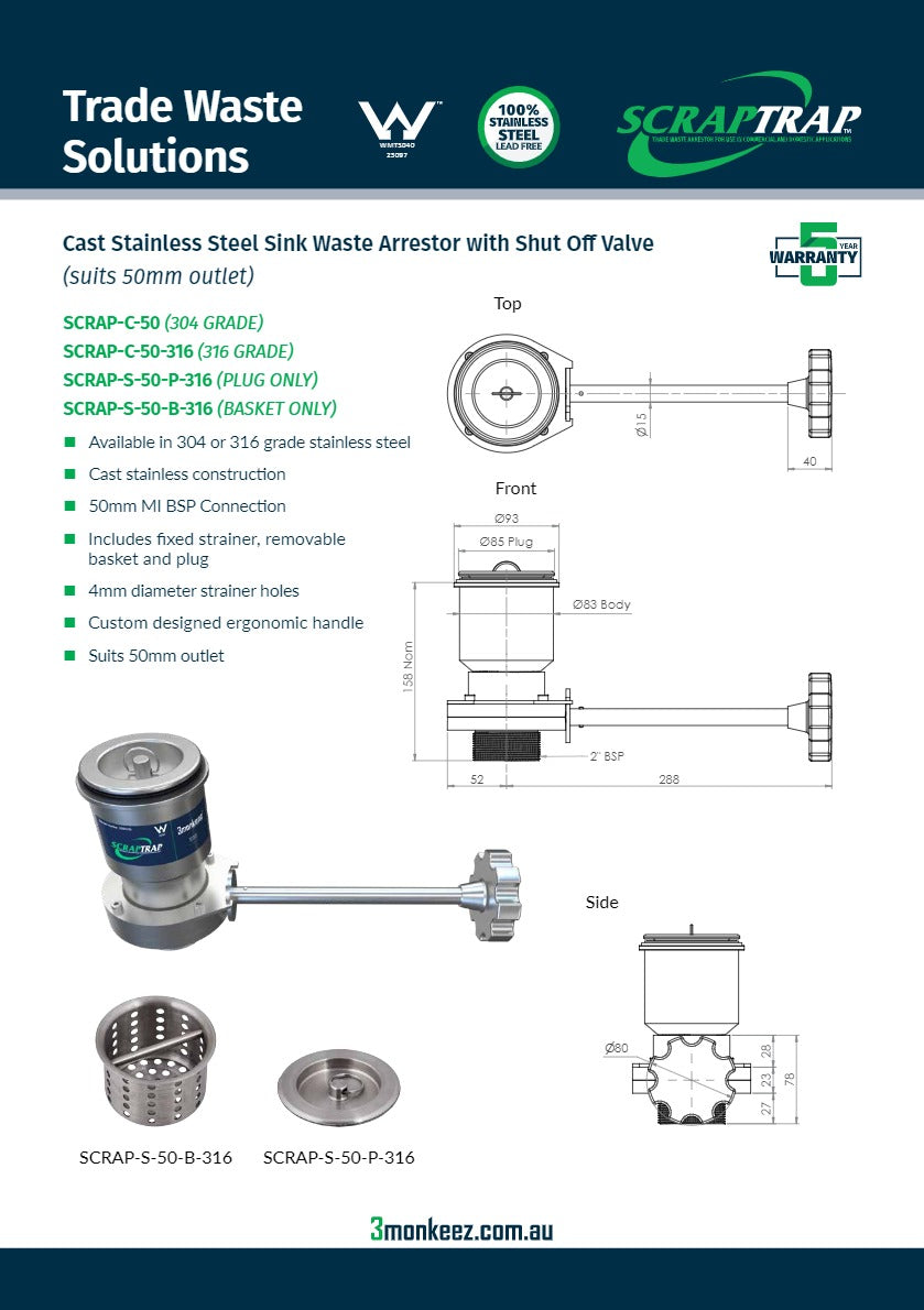 3Monkeez SCRAP-C-50 - Cast Stainless Steel Sink Waste Arrestor