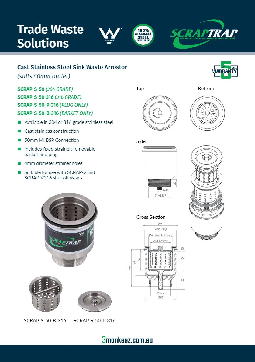 3Monkeez SCRAP-S-90 - Cast Stainless Steel Sink Waste Arrestor