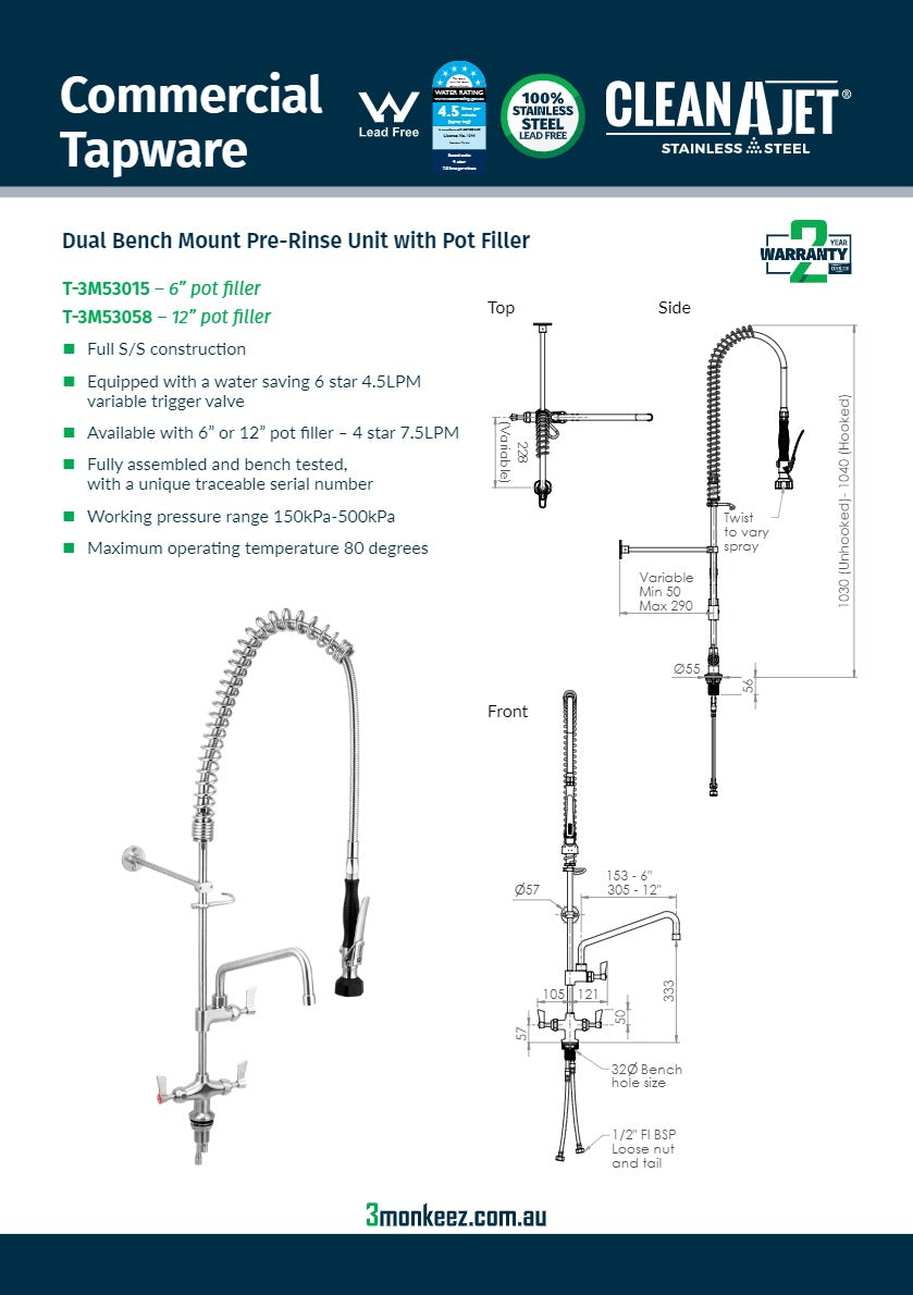 3Monkeez T-3M53015 - Stainless Steel Dual Bench Mount Pre-Rinse
