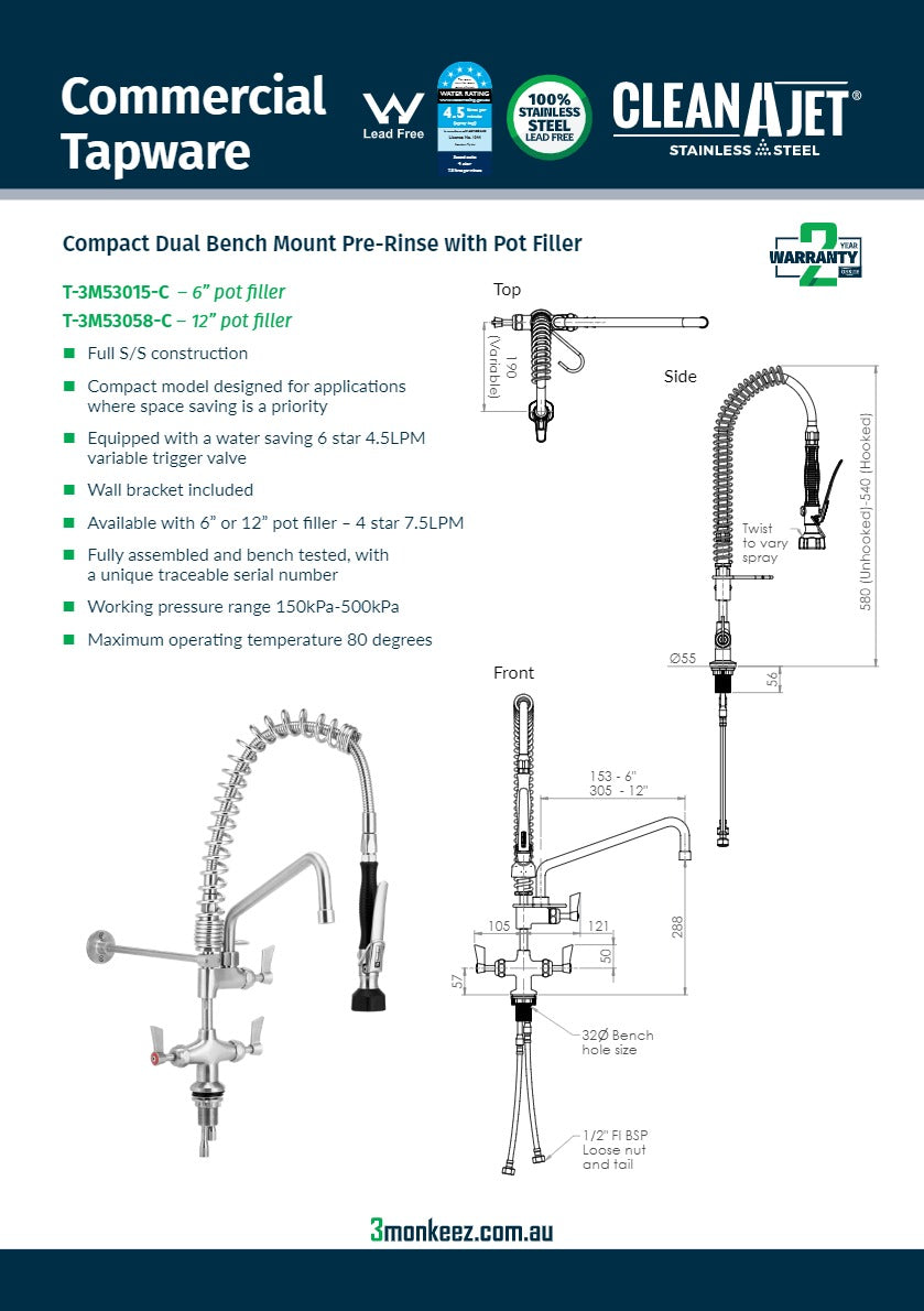 3Monkeez T-3M53058-C - Compact Dual Bench Mount Pre-Rinse