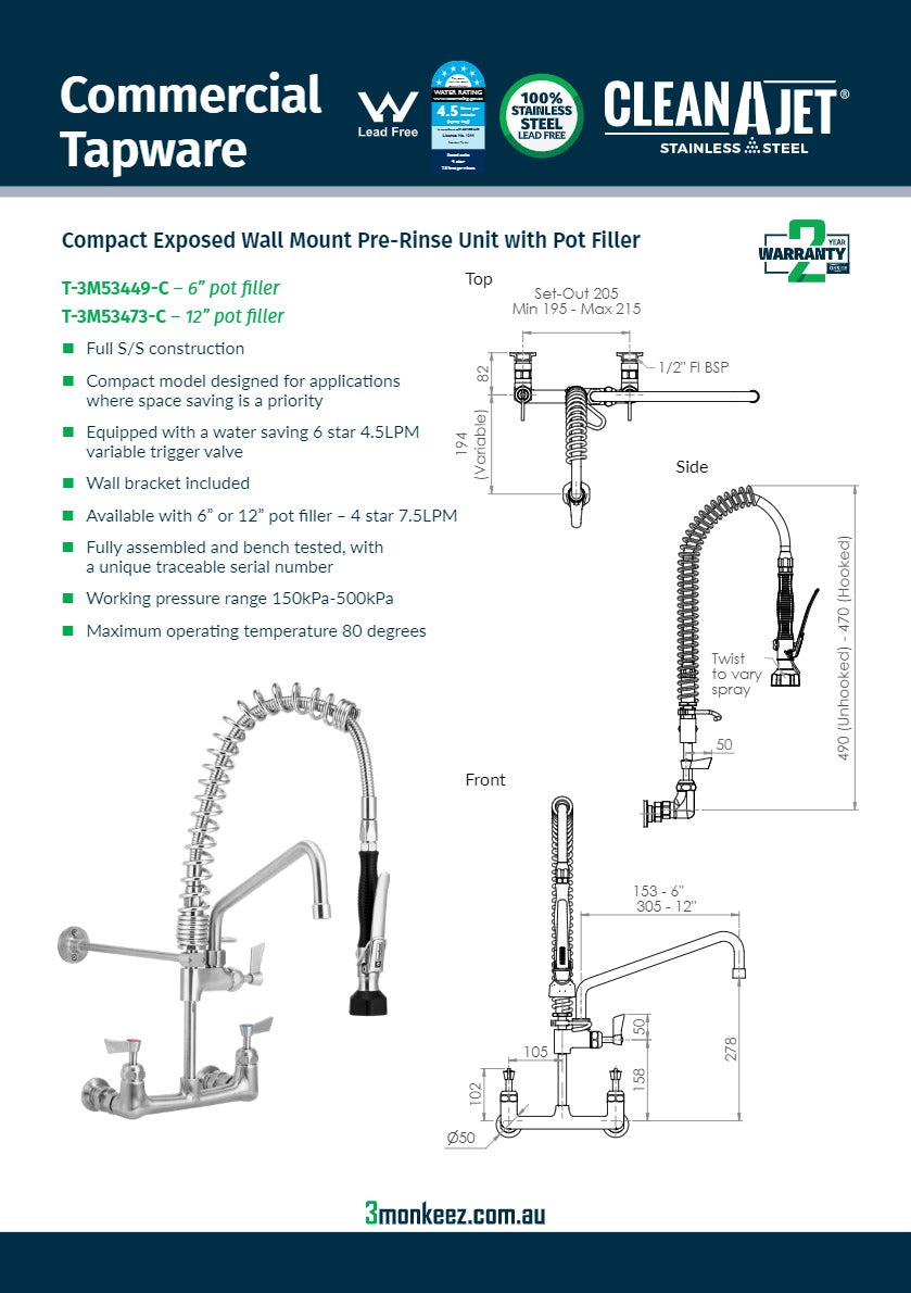 3Monkeez T-3M53473-C - Compact Exposed Wall Mount Pre-Rinse