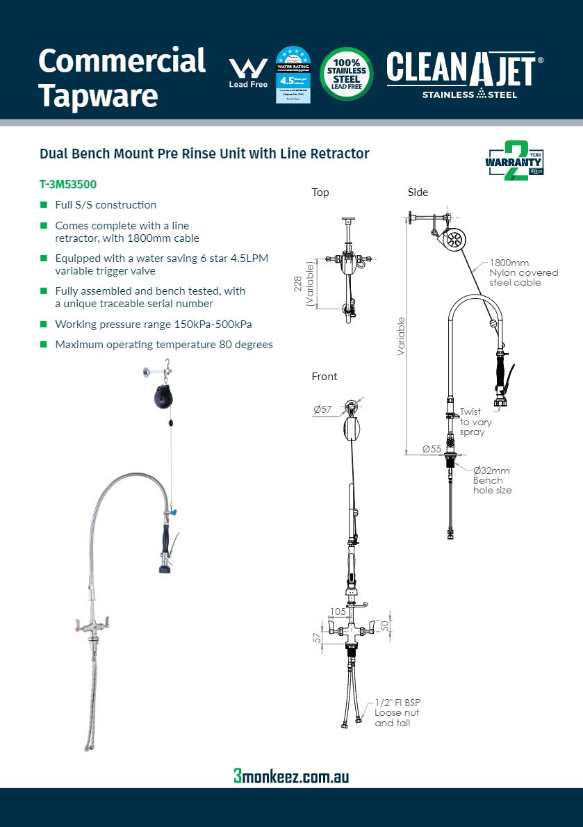 3Monkeez T-3M53500 - Stainless Steel Line Retractor Dual Hob Mount Pre-Rinse