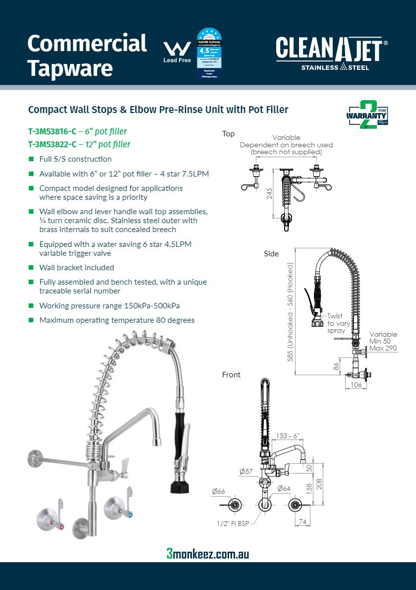 3Monkeez T-3M53822-C - Compact Stainless Steel Wall Stops & Elbow Pre-Rinse