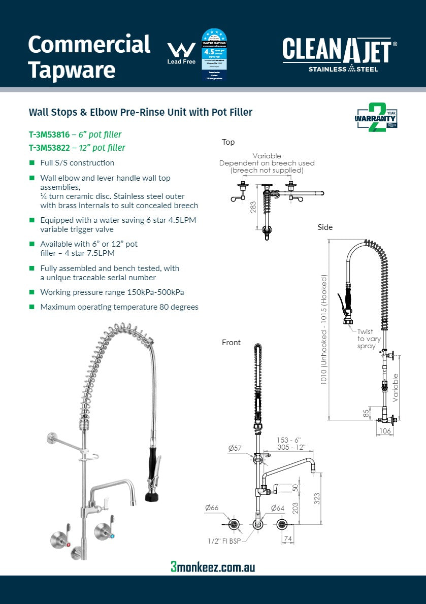 3Monkeez T-3M53822 - Stainless Steel Wall Stops & Elbow Pre-Rinse