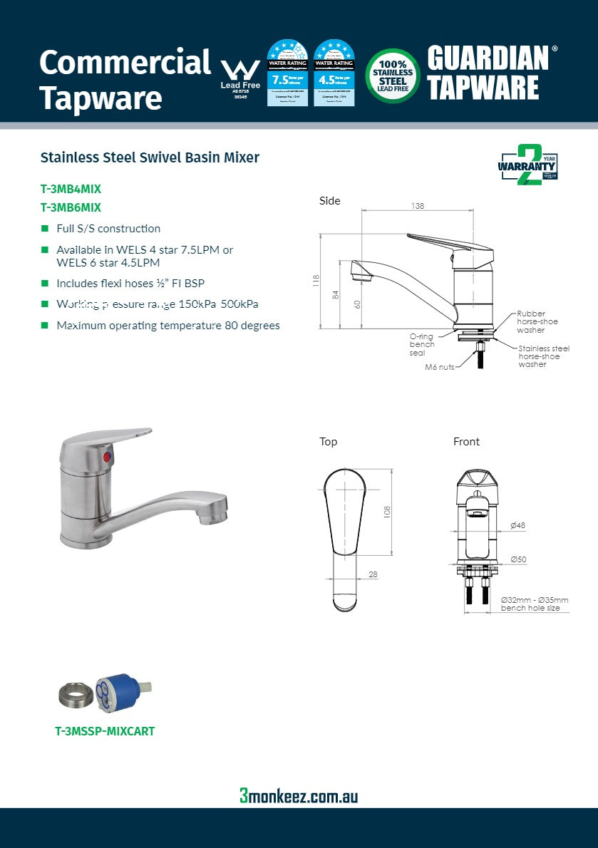 3Monkeez T-3MB6MIX - Stainless Steel Swivel Basin Mixer