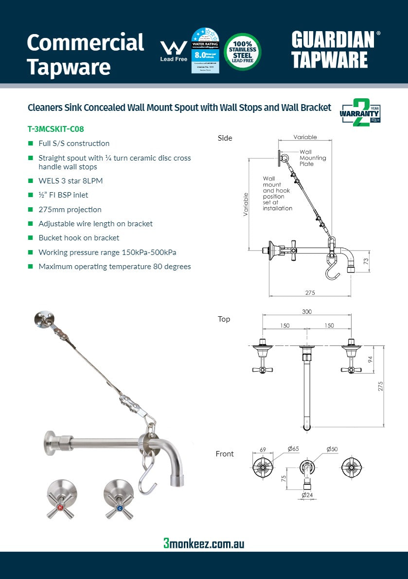3Monkeez T-3MCSKIT-C08 - Cleaners Sink Concealed Wall Mount Spout with Wall Stops & Bracket
