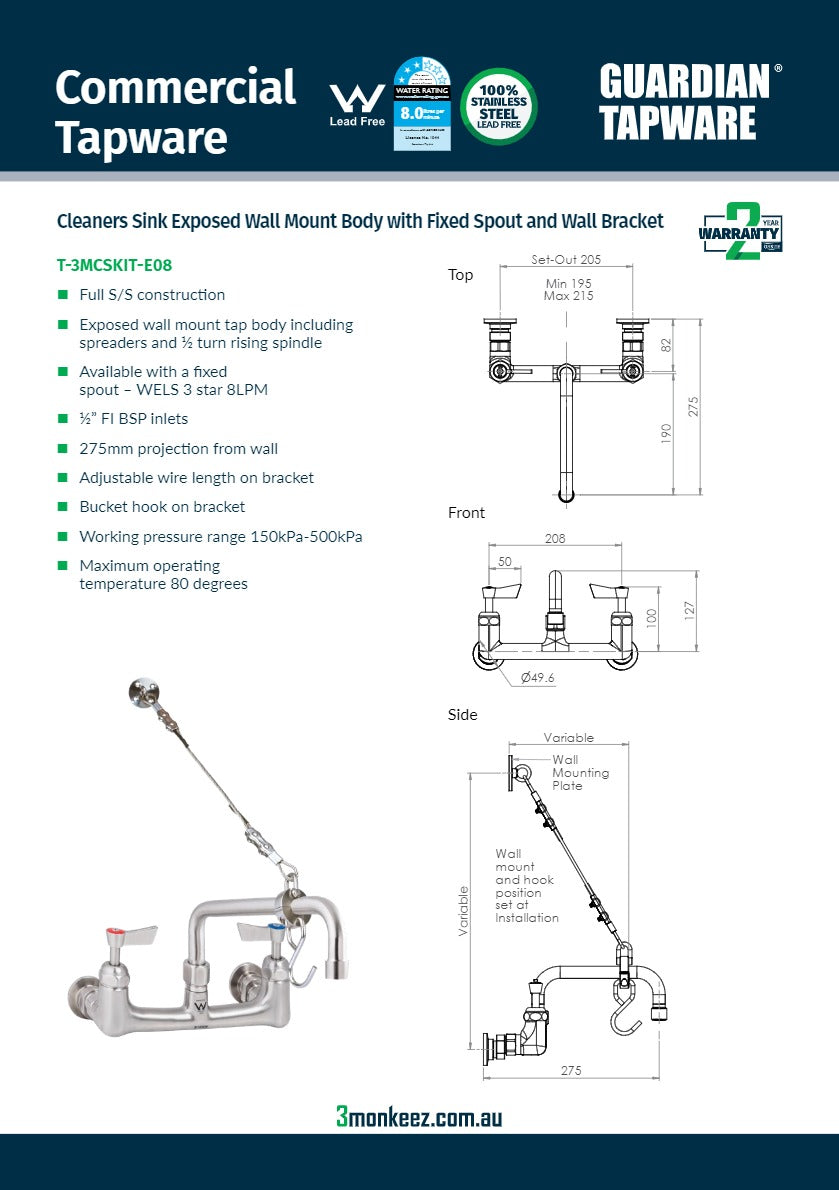 3Monkeez T-3MCSKIT-E08 - Cleaners Sink Exposed Wall Mount Body with Fixed Spout & Wall Bracket