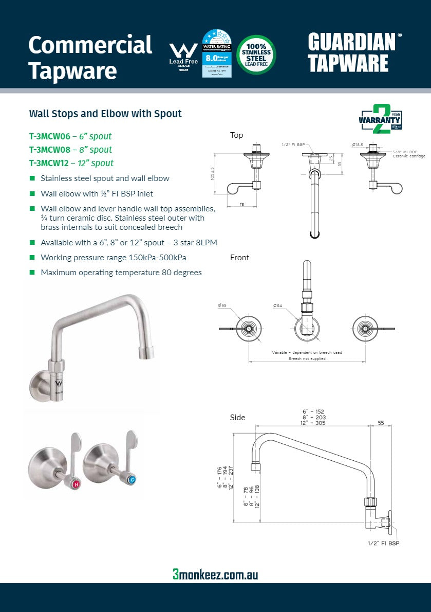 3Monkeez T-3MCW12 - Wall Stops & Elbow with 12" Spout