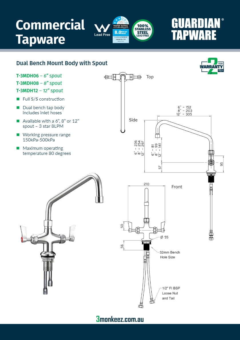 3Monkeez T-3MDH06 - Dual Bench Mount Body with 6" Spout