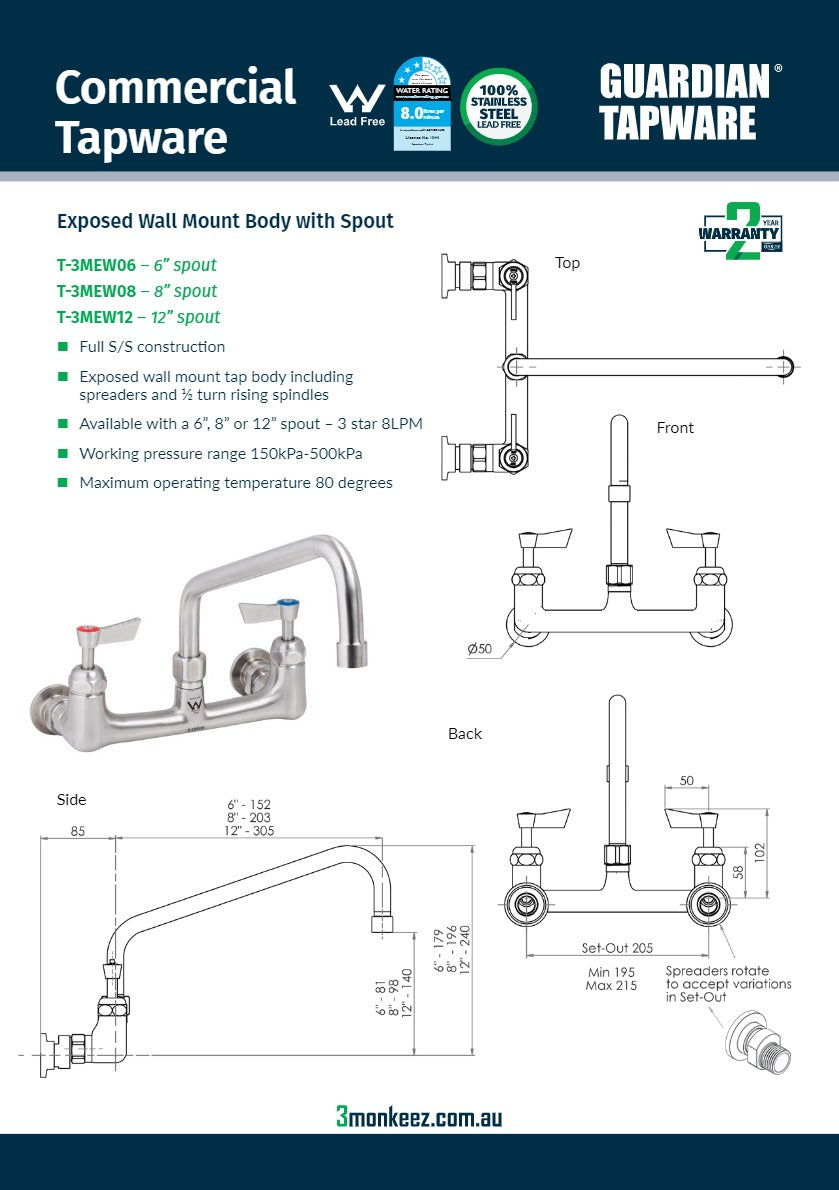 3Monkeez T-3MEW08 - Exposed Wall Tap Body with 8" Spout