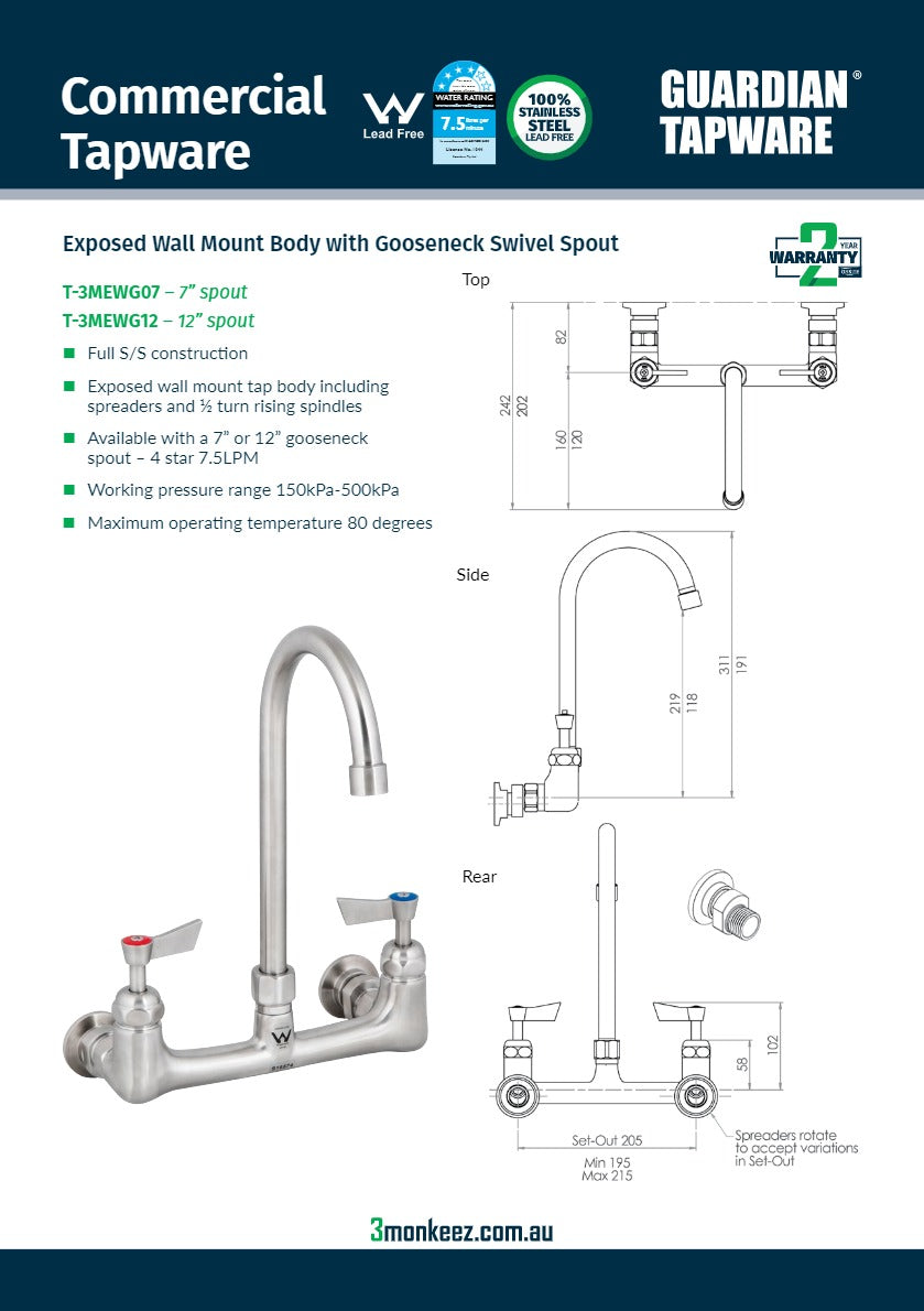3Monkeez T-3MEWG07 - Exposed Wall Mount Tap Body with Gooseneck Swivel 7" Spout