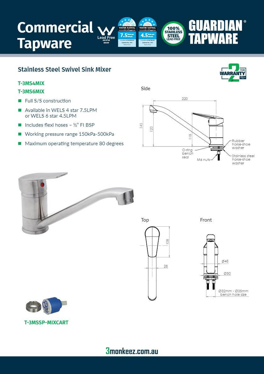 3Monkeez T-3MS6MIX - Stainless Steel Sink Mixer