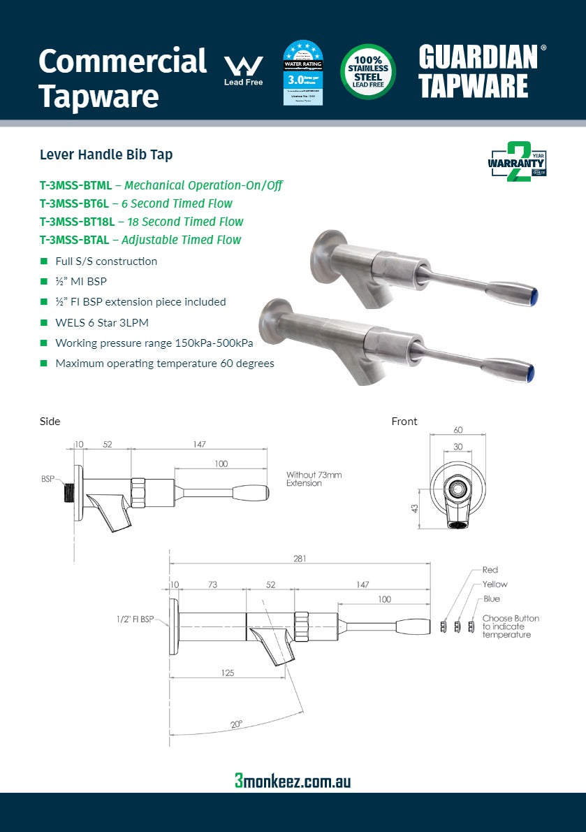 3Monkeez T-3MSS-BT6L - Lever Handle Bib Tap
