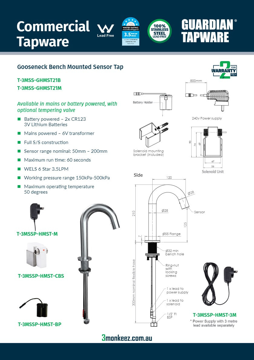 3Monkeez T-3MSS-GHMST21B - Gooseneck Bench Mounted Infrared Sensor Tap