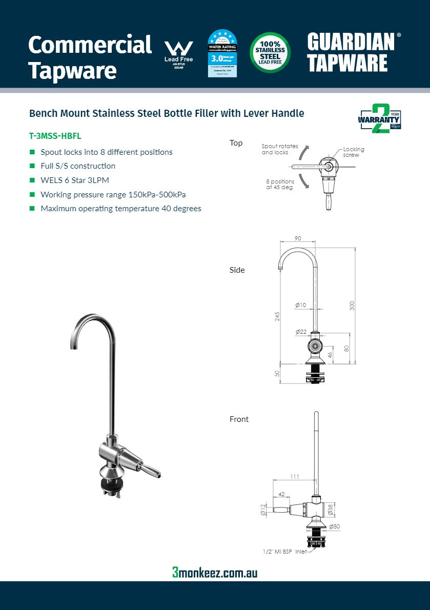 3Monkeez T-3MSS-HBFL - Bench Mount Lever Handle Bottle Filler