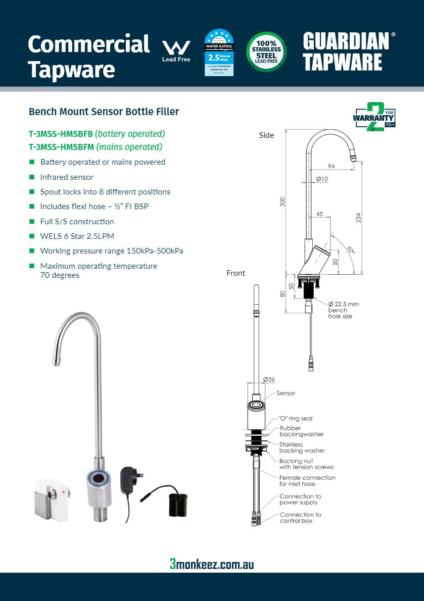 3Monkeez T-3MSS-HMSBFM - Hob Mounted Infrared Sensor Bottle Filler