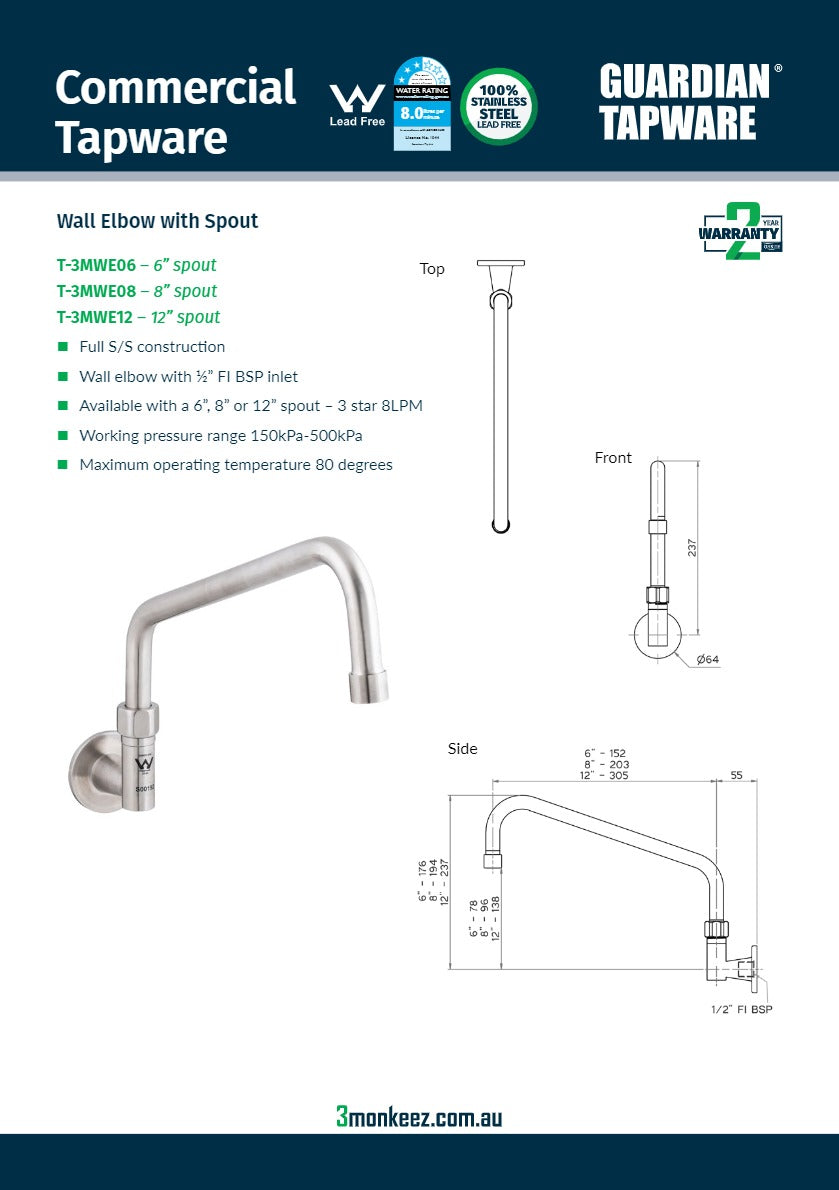 3Monkeez T-3MWE06 - Wall Elbow With 6" Spout