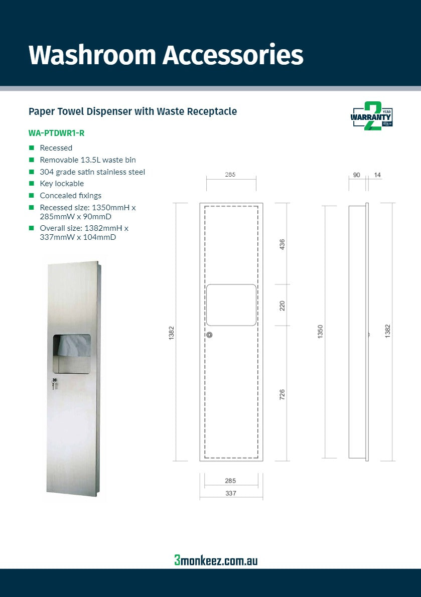 3Monkeez WA-PTDWR1-R - Paper Towel Dispenser with Waste Receptacle