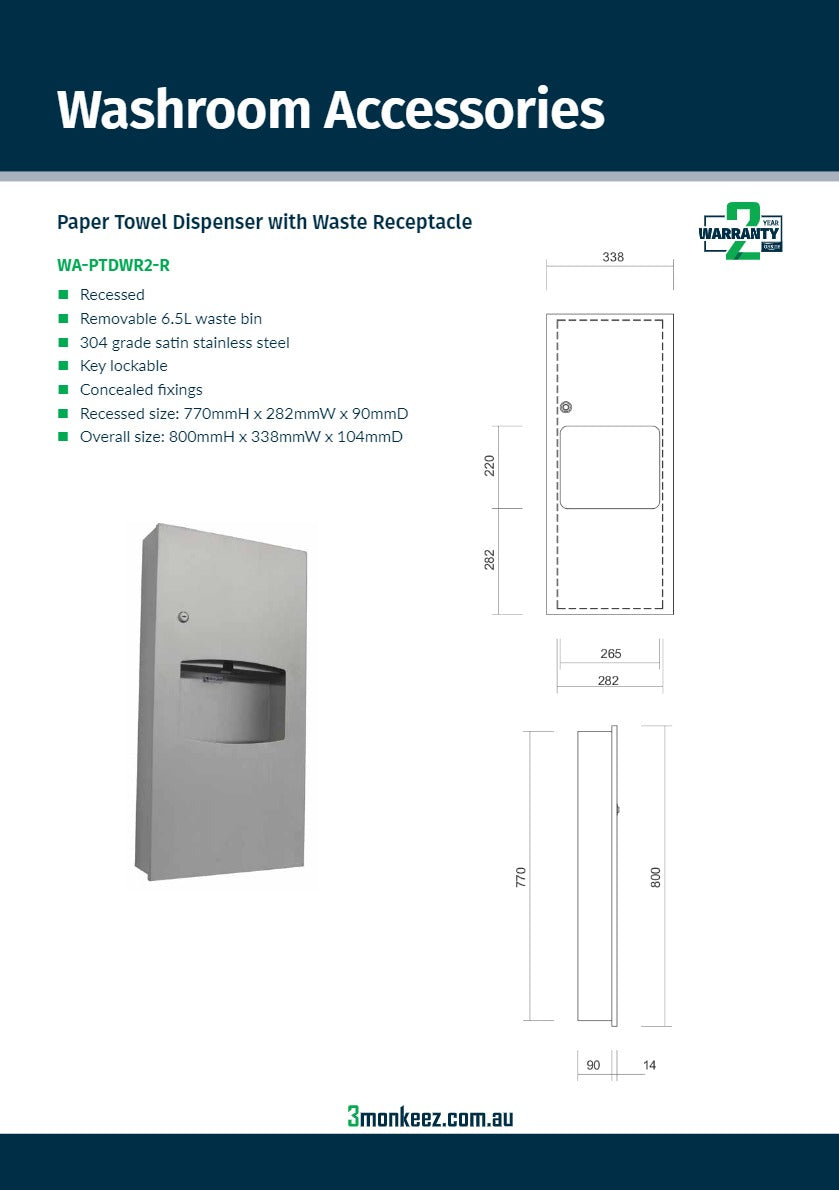3Monkeez WA-PTDWR2-R - Paper Towel Dispenser with Waste Receptacle