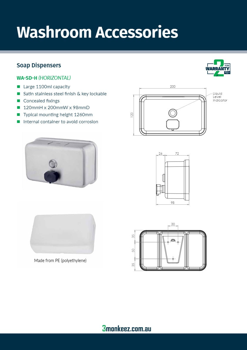 3Monkeez WA-SD-H - Stainless Steel Soap Dispenser