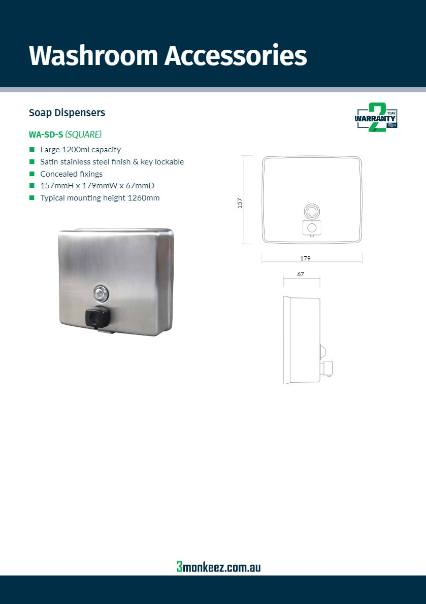 3Monkeez WA-SD-S - Stainless Steel Soap Dispenser
